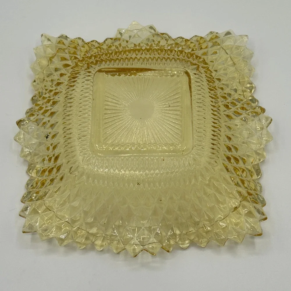 Vintage MCM Amber Yellow Diamond Point Square Pressed Glass Candy Trinket Dish